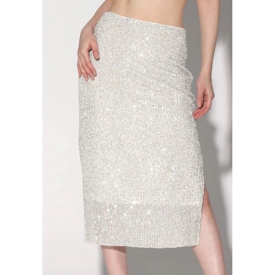Walter Baker Silver Ice Sequin Crista Holiday Stretch Midi Skirt - 6